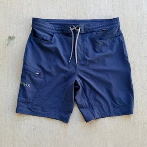 Simms Solarflex Mens Solid Blue Swim Trunks Boardshorts Size 36 Fishing Pocket
